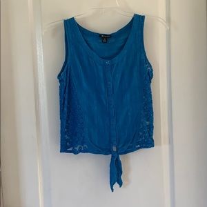 Blue tie up tank with sheer flower side details